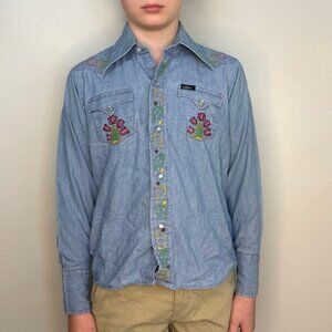 Vintage 1970s Kids’ Chambray Shirt, Floral Embroidery, Miller Western Wear 10/12